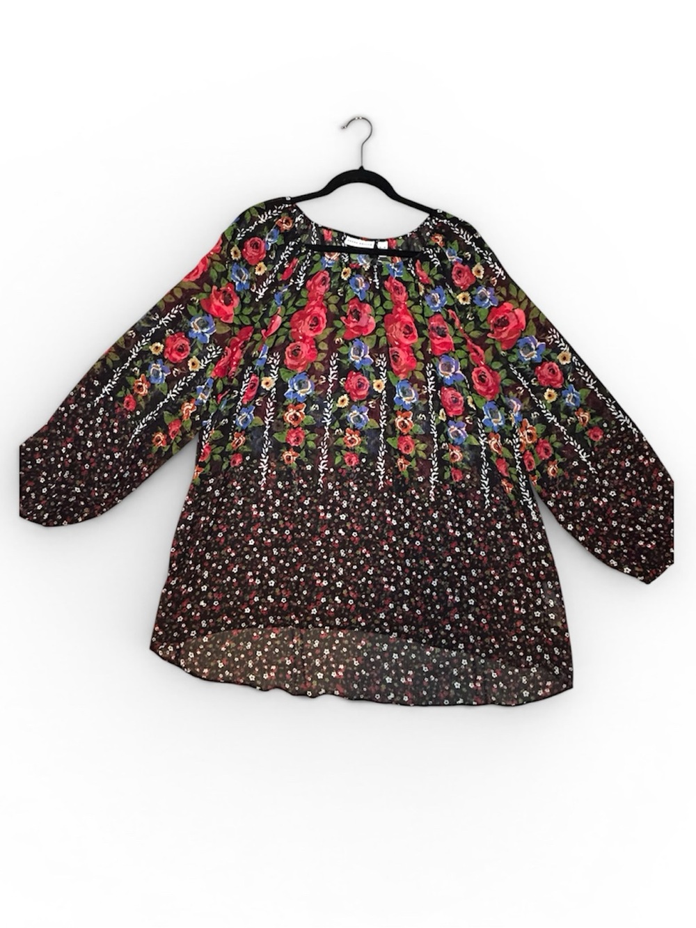 Susan Graver Black Sheer Floral Tunic with Red & Blue Roses Size XL